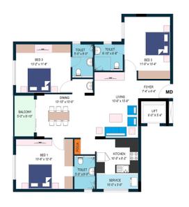Image of 1251 Sq.ft 3 BHK Apartment / Flat for sale in Sri Iyappa Nagar, Chennai for Rs. 25020000