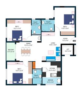 Image of 1251 Sq.ft 3 BHK Apartment / Flat for sale in T Nagar, Chennai for Rs. 26000000