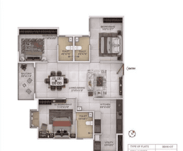 Floor Plan Image of 1446 Sq.ft 3 BHK Apartment / Flat for sale in Nambiar Millennia, Anekal Bengaluru for Rs. 19000000