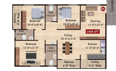 Image of 1458 Sq.ft 3 BHK Apartment / Flat for sale in GM Sri Sai Grand, NRI Layout, Bengaluru for Rs. 9700000