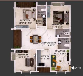 Image of 1725 Sq.ft 3 BHK Apartment / Flat for sale in Jagamara, Bhubaneswar for Rs. 14400000