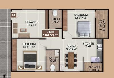 Image of 1161 Sq.ft 2 BHK Apartment / Flat for sale in GM Sri Sai Signature, Horamavu, Bengaluru for Rs. 7900000