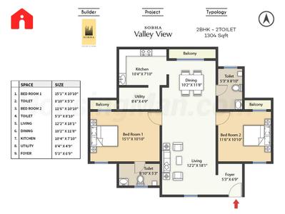 Image of 1310 Sq.ft 2 BHK Apartment / Flat for sale in Sobha Valley View, RR Nagar, Bengaluru for Rs. 17300000