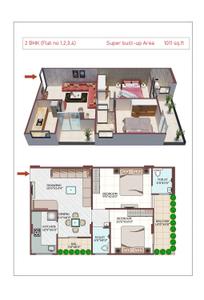 Floor Plan Image of 1025 Sq.ft 2 BHK Apartment / Flat for sale in Orion Planet, Jakhya Indore for Rs. 5600000