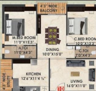 Image of 1640 Sq.ft 3 BHK Apartment / Flat for sale in Chandanagar, Hyderabad for Rs. 9512000