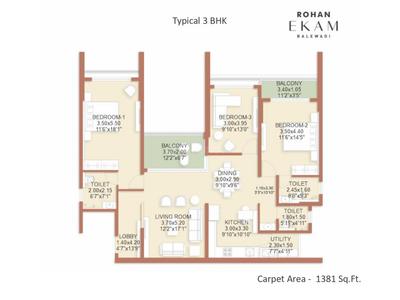 Image of 1210 Sq.ft 2 BHK Apartment / Flat for sale in Rohan Ekam Phase 2, Balewadi, Pune for Rs. 11900000