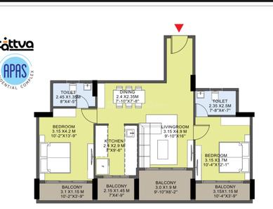 Floor Plan Image of 1191 Sq.ft 2 BHK Apartment / Flat for sale in Tattva Apas, Beltarodi Nagpur for Rs. 5359500