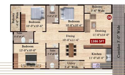 Image of 1386 Sq.ft 3 BHK Apartment / Flat for sale in GM Sri Sai Grand, NRI Layout, Bengaluru for Rs. 9240000