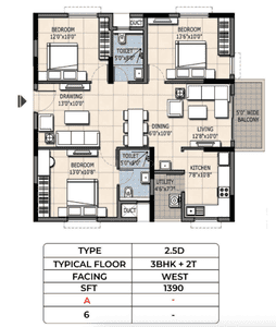 Floor Plan Image of 1390 Sq.ft 3 BHK Apartment / Flat for sale in Ramky One Orbit, Gopanapalli Hyderabad for Rs. 15000000