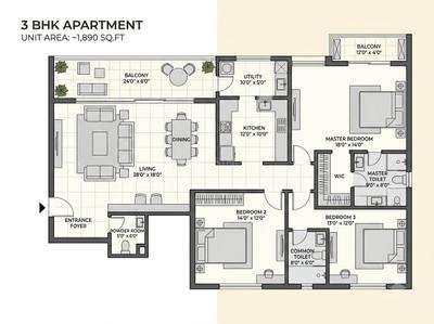 Floor Plan Image of 1820 Sq.ft 3 BHK Apartment / Flat for sale in Whitefield Bengaluru for Rs. 25900000