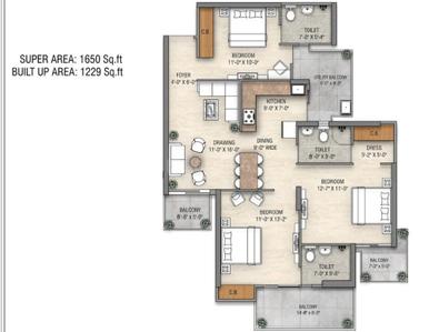 Floor Plan Image of 1500 Sq.ft 3 BHK Apartment / Flat for sale in Vridhi Plus Premium Tower, Noida Extension Greater Noida for Rs. 16700000