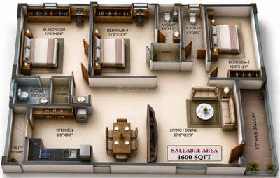 Floor Plan Image of 1600 Sq.ft 3 BHK Apartment / Flat for sale in Attiguppe Bengaluru for Rs. 18200000