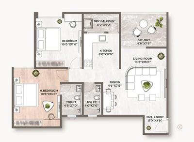 Floor Plan Image of 1002 Sq.ft 2 BHK Apartment / Flat for sale in Grandeur Premium H, Undri Pune for Rs. 5790000