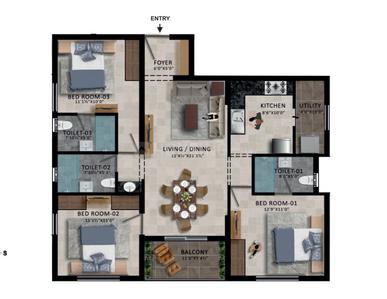 Image of 1545 Sq.ft 3 BHK Apartment / Flat for sale in Kolathur, Chennai for Rs. 12700000