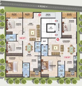 Floor Plan Image of 1150 Sq.ft 2 BHK Apartment / Flat for sale in Sahakara Nagar Bengaluru for Rs. 7650000