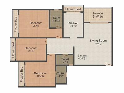 Floor Plan Image of 1425 Sq.ft 3 BHK Apartment / Flat for sale in Tharwani Riverdale Vista, Kalyan West Kalyan for Rs. 9850000