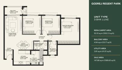 Image of 1190 Sq.ft 3 BHK Apartment / Flat for sale in Godrej Regent Park, Kadagrahara, Bengaluru for Rs. 17500000
