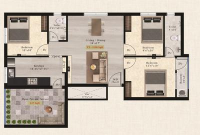 Floor Plan Image of 1138 Sq.ft 3 BHK Apartment / Flat for sale in Madambakkam Chennai for Rs. 7397000