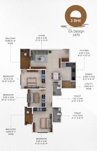 Floor Plan Image of 1470 Sq.ft 3 BHK Apartment / Flat for sale in Lakeshore Oasis, Besa Nagpur for Rs. 5800000