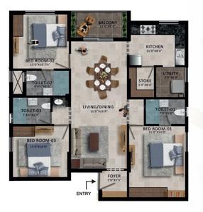 Image of 1545 Sq.ft 3 BHK Apartment / Flat for sale in Kolathur, Chennai for Rs. 12700000