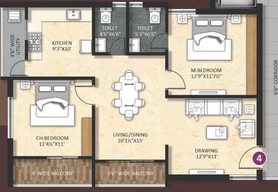 Image of 1249 Sq.ft 2 BHK Apartment / Flat for sale in Prathishta Nigama, Serilingampally, Hyderabad for Rs. 9750000
