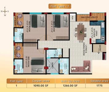 Image of 1250 Sq.ft 3 BHK Apartment / Flat for sale in BJB Nagar, Bhubaneswar for Rs. 15300000