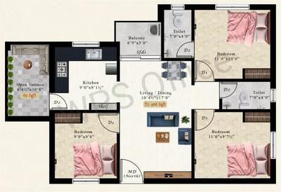 Floor Plan Image of 966 Sq.ft 3 BHK Apartment / Flat for sale in Kundrathur Chennai for Rs. 5376000