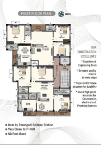 Floor Plan Image of 1485 Sq.ft 3 BHK Apartment / Flat for sale in Velachery Chennai for Rs. 14850000