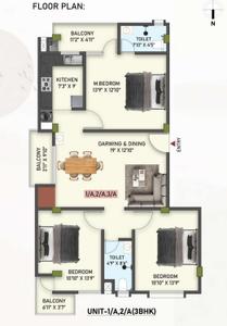 Floor Plan Image of 1439 Sq.ft 3 BHK Apartment / Flat for sale in Urban Enclave, Zoo Tiniali Guwahati for Rs. 7776700