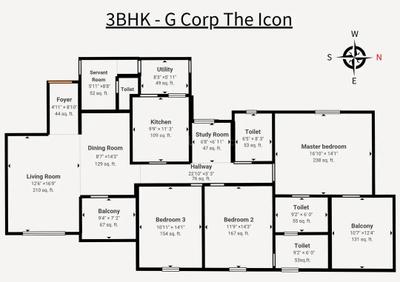 Image of 1900 Sq.ft 3 BHK Apartment / Flat for sale in G Corp The Icon North Tower F, Thanisandra, Bengaluru for Rs. 27000000