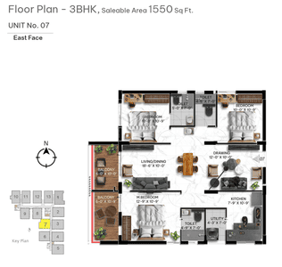 Image of 1550 Sq.ft 3 BHK Apartment / Flat for sale in Miyapur, Hyderabad for Rs. 10000000