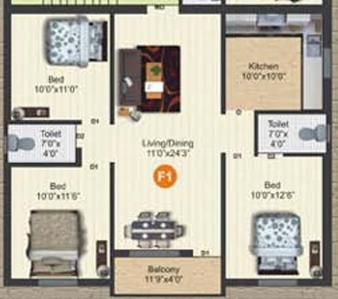 Floor Plan Image of 1155 Sq.ft 3 BHK Apartment / Flat for rent in Avadi Chennai for Rs. 25000