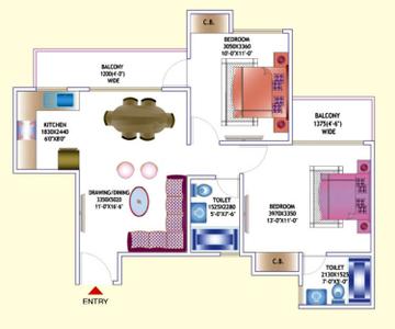 Floor Plan Image of 950 Sq.ft 2 BHK Apartment / Flat for sale in Amrapali Zodiac, Sector 120 Noida for Rs. 8600000