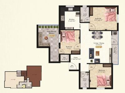 Floor Plan Image of 1205 Sq.ft 3 BHK Apartment / Flat for sale in Thiruneermalai Chennai for Rs. 7531250