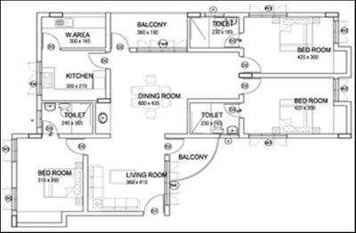 Floor Plan Image of 1766 Sq.ft 3 BHK Apartment / Flat for rent in SRK Cyber Heights, Kochuveli Thiruvananthapuram for Rs. 40000