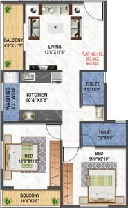 Floor Plan Image of 1001 Sq.ft 2 BHK Apartment / Flat for sale in Shramsafalya Sai Miracle, Deepali Nagar Nashik for Rs. 5063000