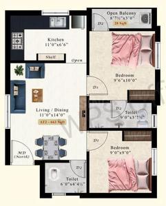 Floor Plan Image of 663 Sq.ft 2 BHK Apartment / Flat for sale in Kundrathur Chennai for Rs. 3713000
