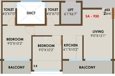 Floor Plan Image of 950 Sq.ft 2 BHK Apartment / Flat for sale in Airoli Navi Mumbai for Rs. 12000000