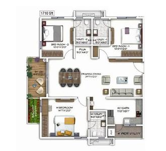 Image of 1710 Sq.ft 3 BHK Apartment / Flat for sale in Sukhii Ubuntu, Financial District, Hyderabad for Rs. 19500000