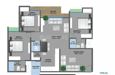 Floor Plan Image of 2205 Sq.ft 3 BHK Apartment / Flat for sale in Terra Sky, Zundal Ahmedabad for Rs. 8207500