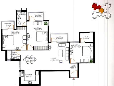 Floor Plan Image of 1475 Sq.ft 3 BHK Apartment / Flat for sale in Omaxe Heights, Sector 86 Faridabad for Rs. 15500000