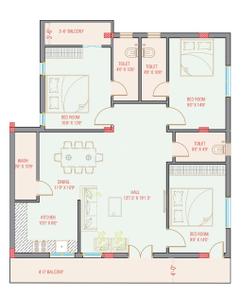 Floor Plan Image of 1523 Sq.ft 3 BHK Apartment / Flat for sale in Adhvam Residency, Battarahalli Bengaluru for Rs. 6900001