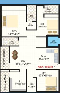 Image of 1540 Sq.ft 3 BHK Apartment / Flat for sale in HMT Officers Colony, Secunderabad for Rs. 6900000