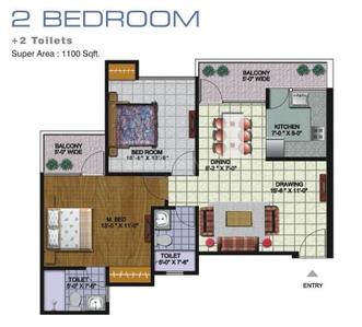 Floor Plan Image of 1100 Sq.ft 2 BHK Apartment / Flat for sale in NBCC Golf Homes, Noida Extension Greater Noida for Rs. 8500000