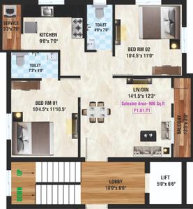 Floor Plan Image of 906 Sq.ft 2 BHK Apartment / Flat for sale in Selaiyur Chennai for Rs. 7900000
