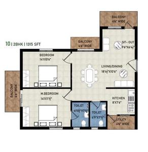 Floor Plan Image of 1315 Sq.ft 2 BHK Apartment / Flat for sale in 4 Blocks, Jeedimetla Hyderabad for Rs. 8500000