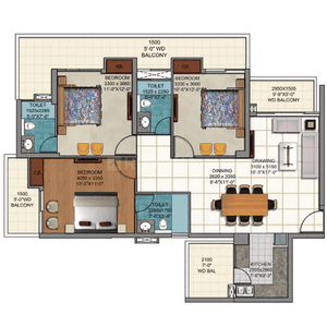 Image of 1825 Sq.ft 3 BHK Apartment / Flat for rent in Aigin Royal Phase 4, Noida Extension, Greater Noida for Rs. 30000
