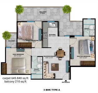 Image of 1200 Sq.ft 3 BHK Apartment / Flat for sale in Adore Prosperity Homes, Sector 86, Faridabad for Rs. 6000000