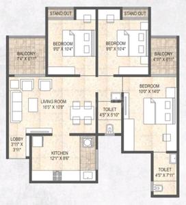 Floor Plan Image of 990 Sq.ft 2 BHK Apartment / Flat for sale in Mangalam Miraya, Moshi Pune for Rs. 6200000