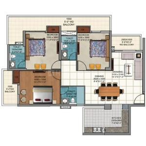 Floor Plan Image of 1825 Sq.ft 3 BHK Apartment / Flat for rent in Aigin Royal Phase 4, Noida Extension Greater Noida for Rs. 30000